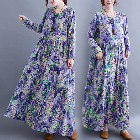 Lavender Print Long Sleeves Cozy Dresses