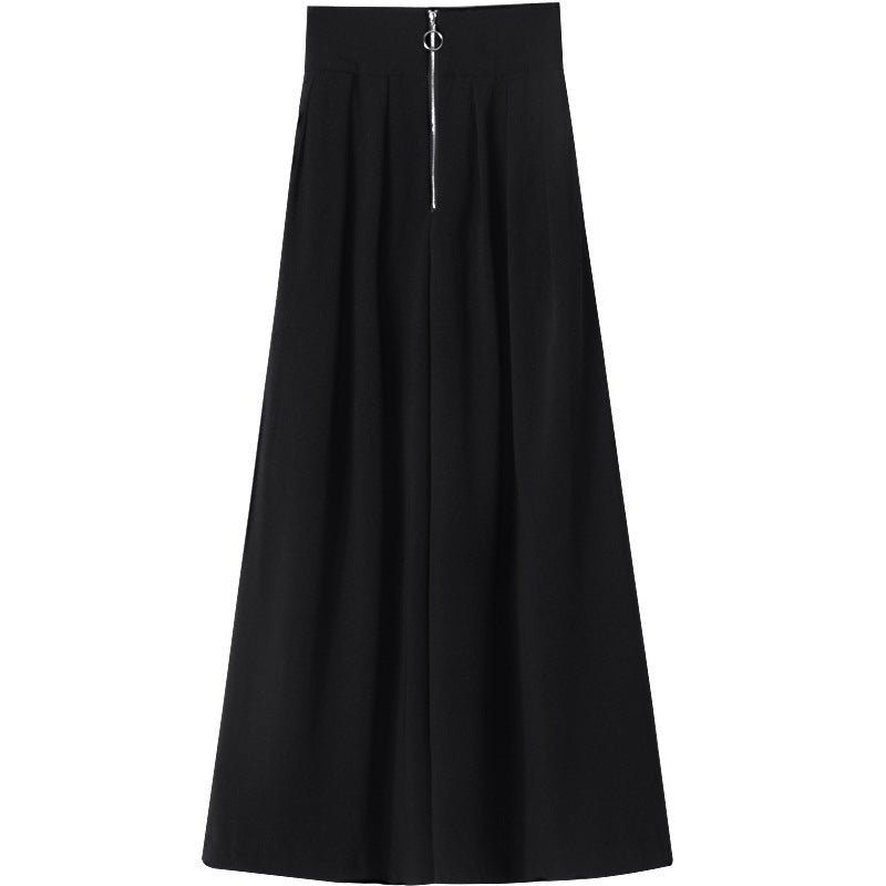 Black High Waist Designed Zipper Women Wide Leg Pants