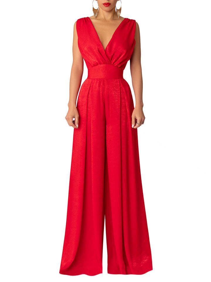 Summer Red Wide Straight Legs Jumpsuits for Women