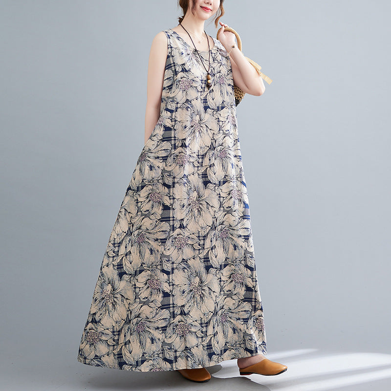 Vintage Linen Sleeveless Vest Women Long Dresses