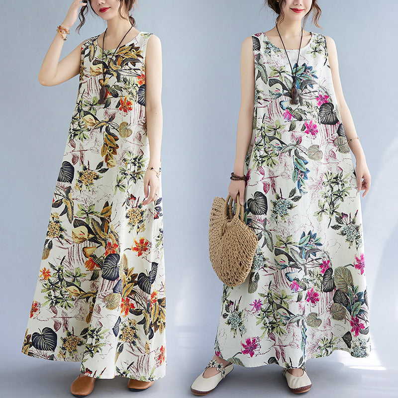 Vintage Linen Sleeveless Vest Women Long Dresses