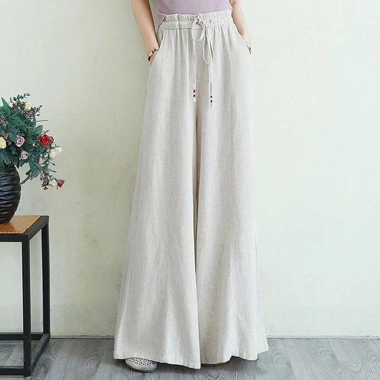 Vintage Linen Elastic Waist Summer Wide Legs Pants for Women