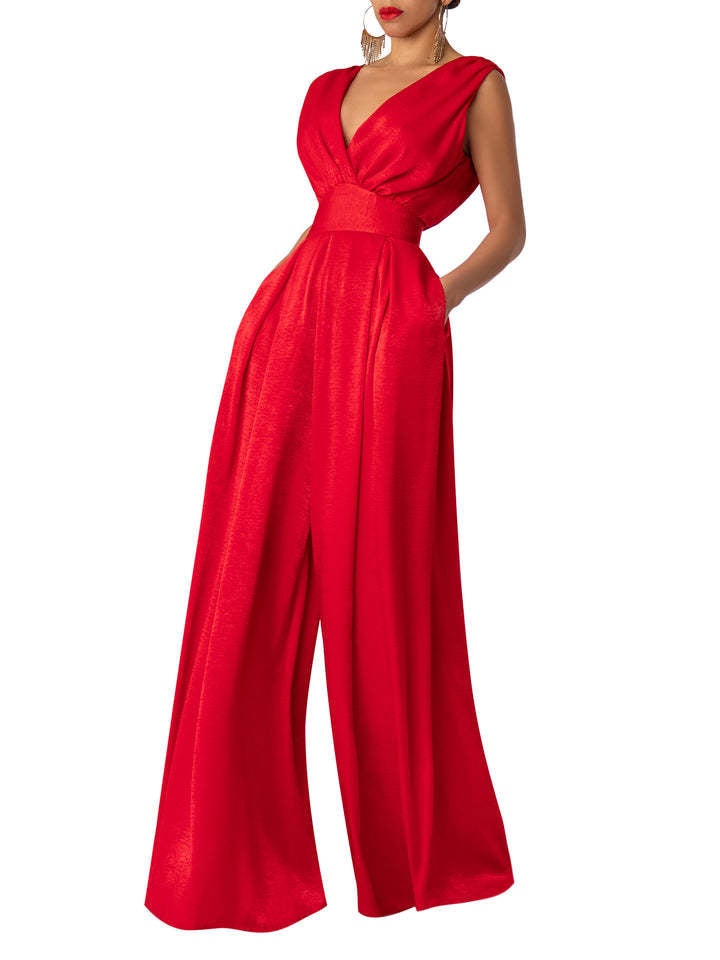 Summer Red Wide Straight Legs Jumpsuits for Women