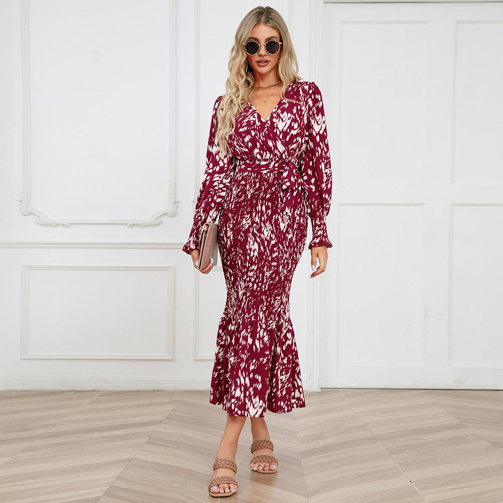 Elegant V Neck Floral Print Mermaid Long Dresses