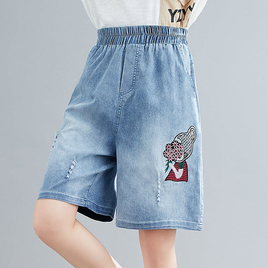 Summer Embroidery Five Cents Denim Trousers for Women-Pants-JEWELRYSHEOWN