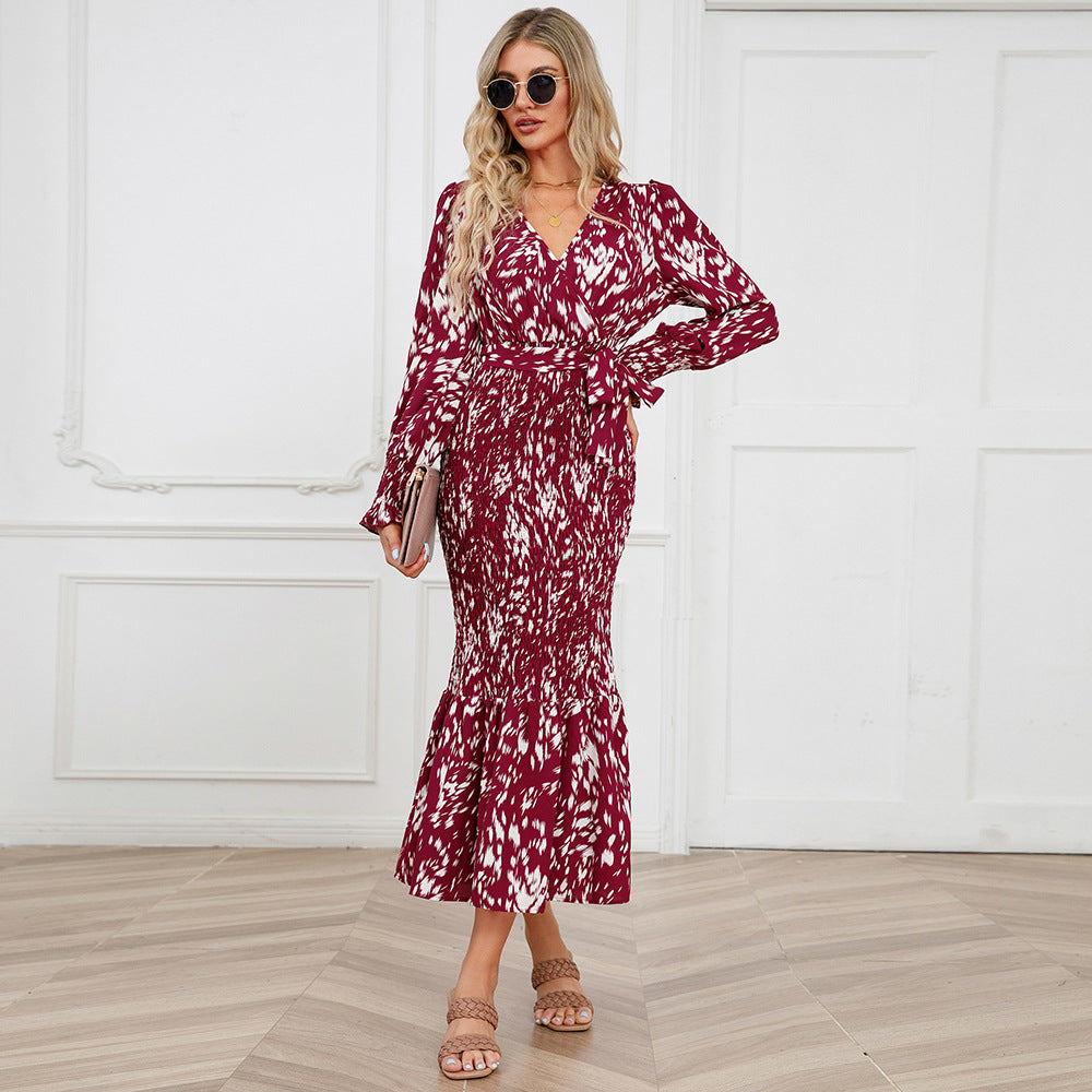 Elegant V Neck Floral Print Mermaid Long Dresses